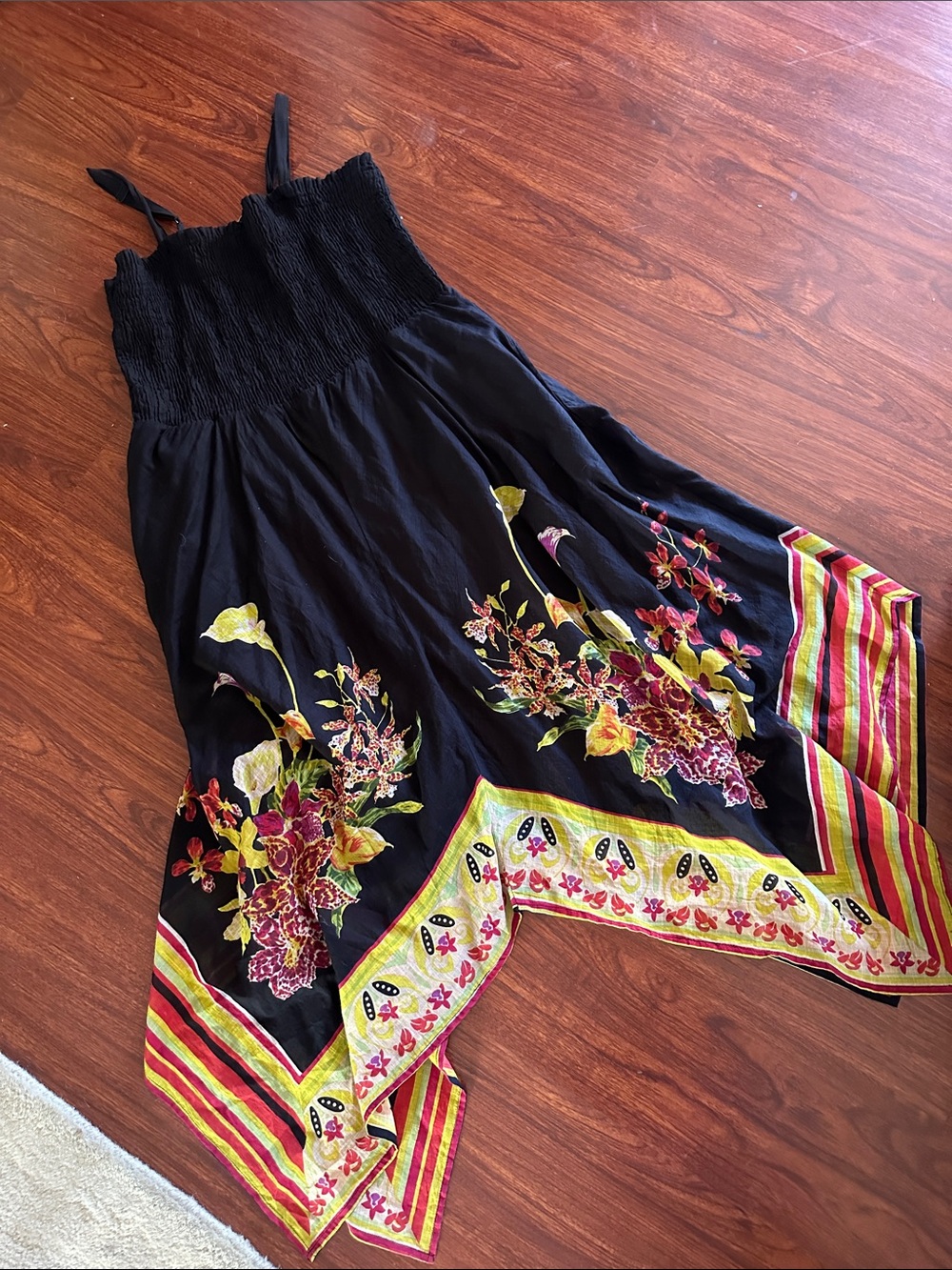 Soft Surroundings Black Floral Handkerchief-Hem dress with Stripe Border